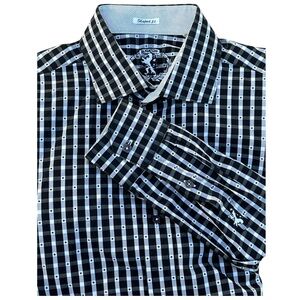 Bugatti Men's XL Shaped Fit‎ Black White Checkered Cotton Button Up Shirt Preppy